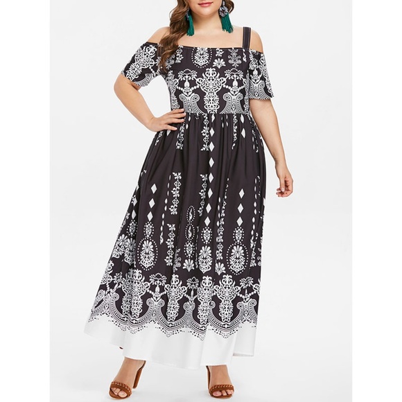 Rosegal for Curves Collection Dresses & Skirts - Plus Size Long Black Cold Shoulder Print Dress